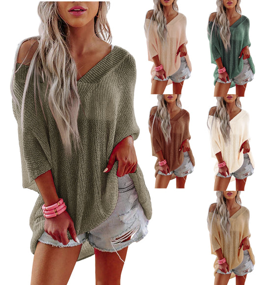 V-Neck Half Sleeves Loose Summer Sweater and Lightweight Knitted Shirts Pullover Beach cover Tops