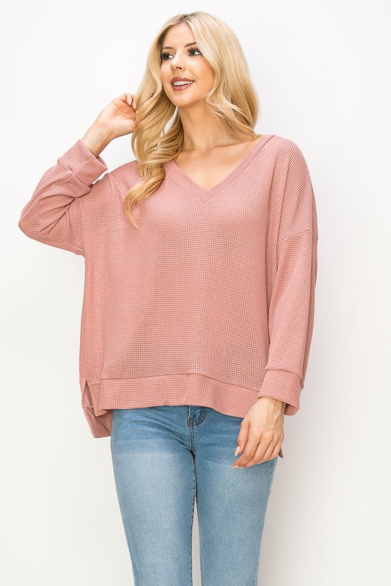 MINT PLUS PINK Women's Long Sleeve Tee Shirt V Neck Drop Shoulder Ribbed Knit Top T-Shirt