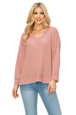 MINT PLUS PINK Women's Long Sleeve Tee Shirt V Neck Drop Shoulder Ribbed Knit Top T-Shirt