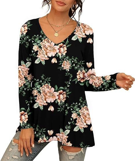 Womens Casual Flattering Long Sleeve Dressy Casual Comfy Blouse Loose Fit Flowy Tunic Tops