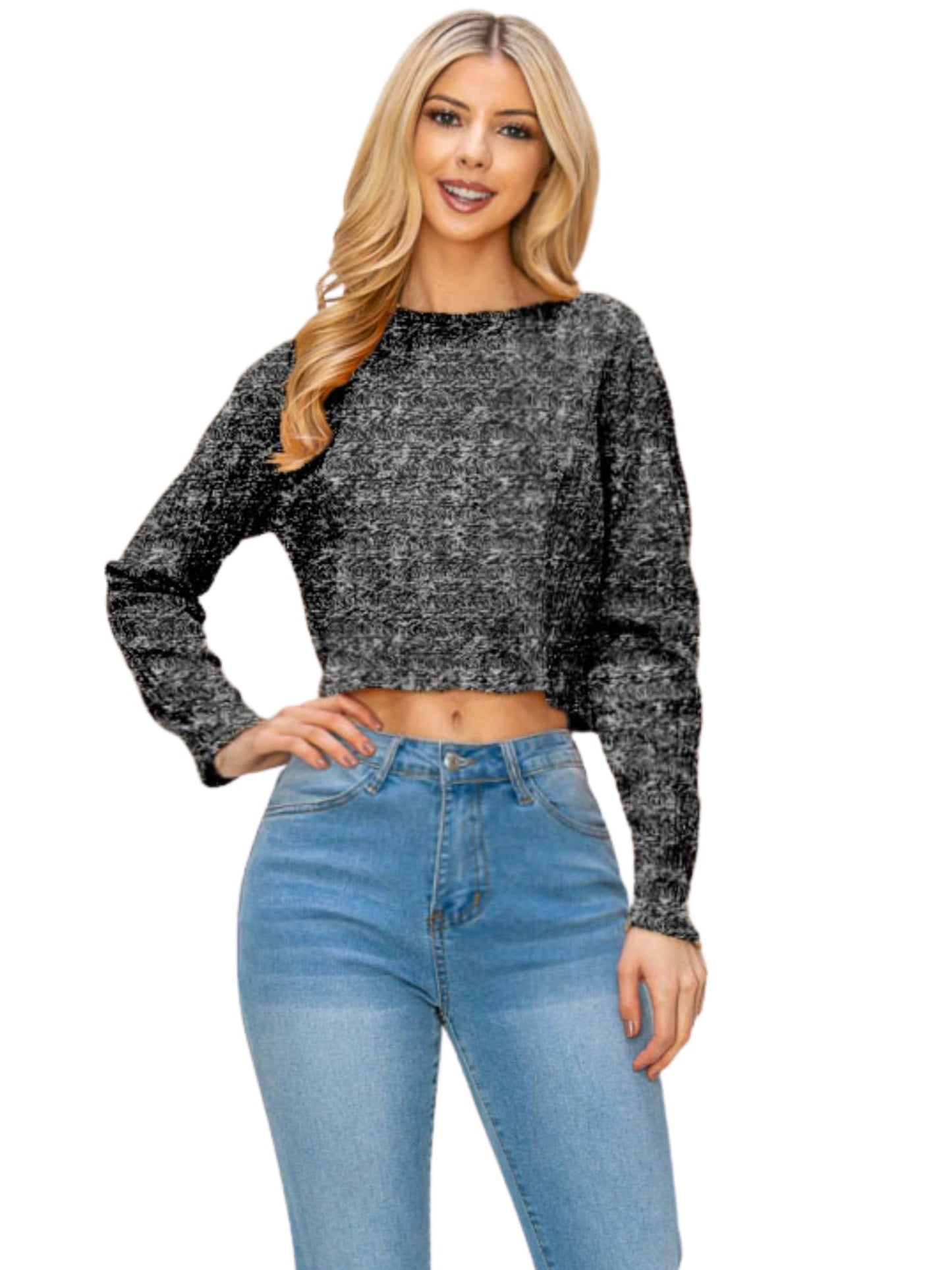 Women's Basic Lightweight Crop Top Crew Neck Casual Workout Shirts Solid Long Sleeve Ribbed T-Shirts