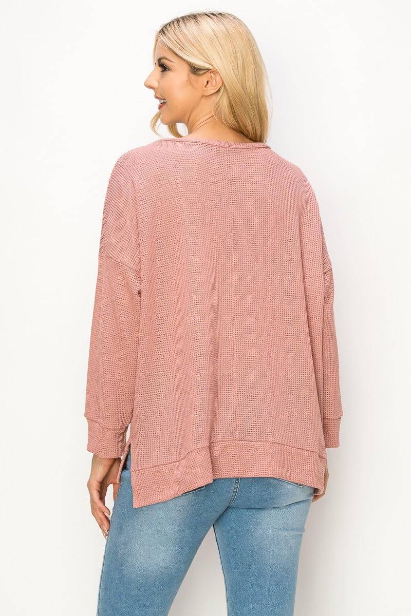 MINT PLUS PINK Women's Long Sleeve Tee Shirt V Neck Drop Shoulder Ribbed Knit Top T-Shirt