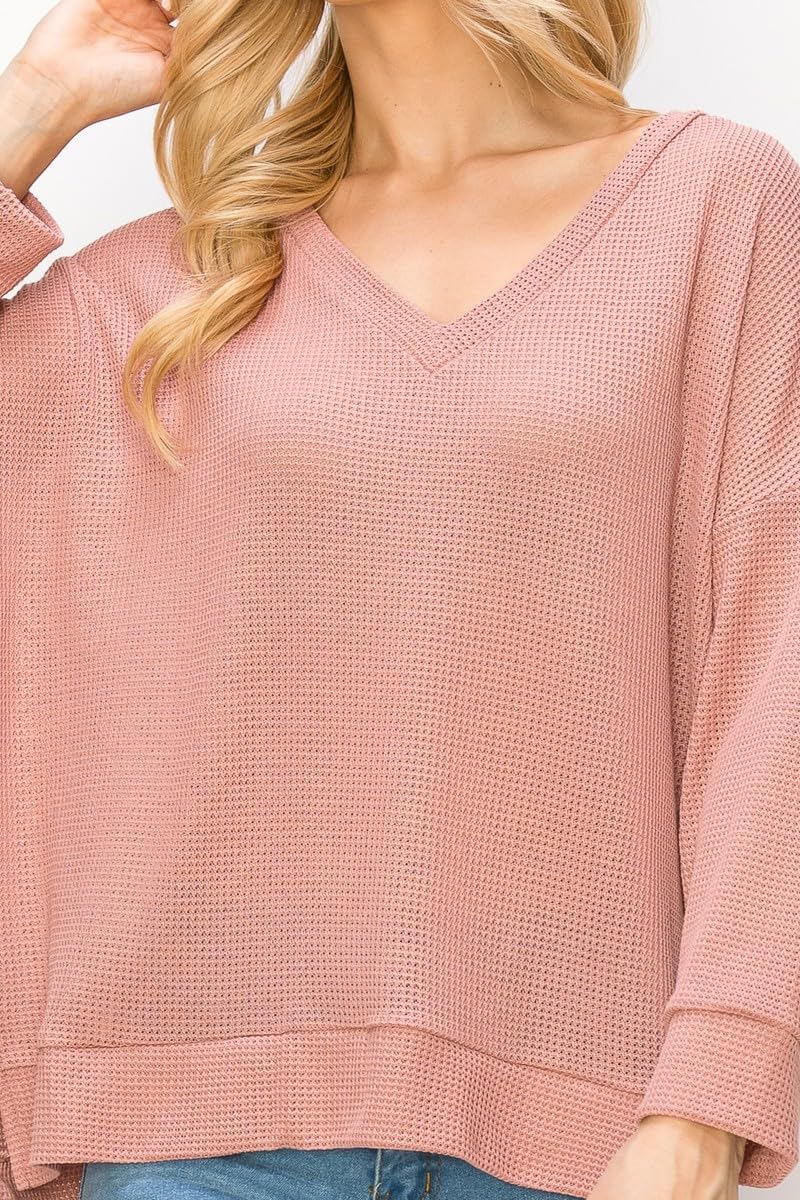 MINT PLUS PINK Women's Long Sleeve Tee Shirt V Neck Drop Shoulder Ribbed Knit Top T-Shirt