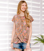 Women's Casual Summer Loose Leopard Floral Print Twist Knot Comfy Plus Size Top Short Sleeve Tee