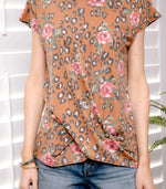 Women's Casual Summer Loose Leopard Floral Print Twist Knot Comfy Plus Size Top Short Sleeve Tee