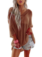 V-Neck Half Sleeves Loose Summer Sweater and Lightweight Knitted Shirts Pullover