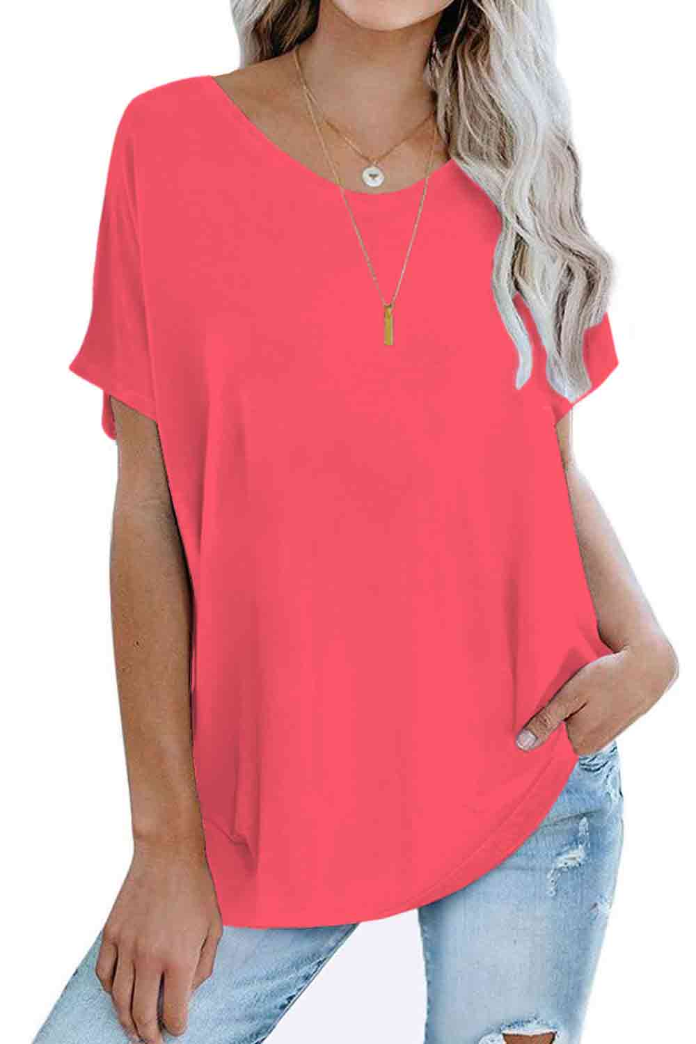 MINT PLUS PINK Womens Oversized Tops Crew Neck Short Sleeve T Shirts Loose fit Tunic