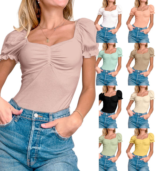 Women's Puff Square Neck Summer Puffy Short Sleeve Ribbed Top Cute T Shirt Blouse