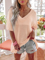 V-Neck Half Sleeves Loose Summer Sweater and Lightweight Knitted Shirts Pullover