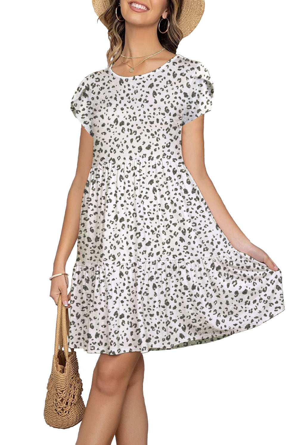 Women Petal Short Sleeve Pocket Casual Ruffle Loose Swing Casual Dress