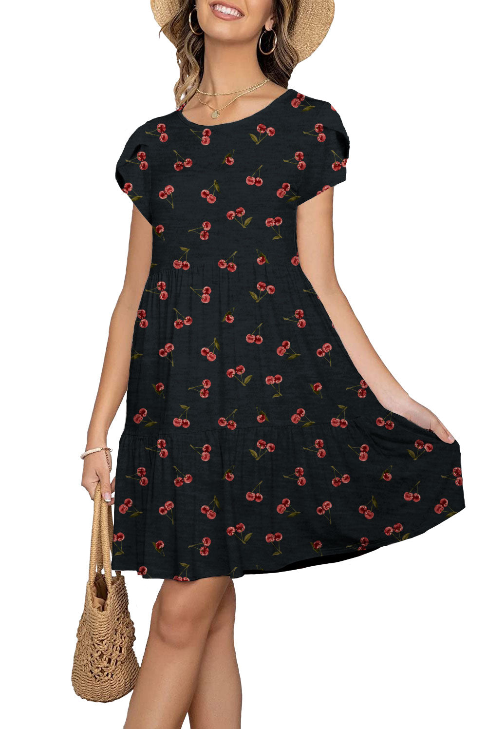 Women Petal Short Sleeve Pocket Casual Ruffle Loose Swing Casual Dress